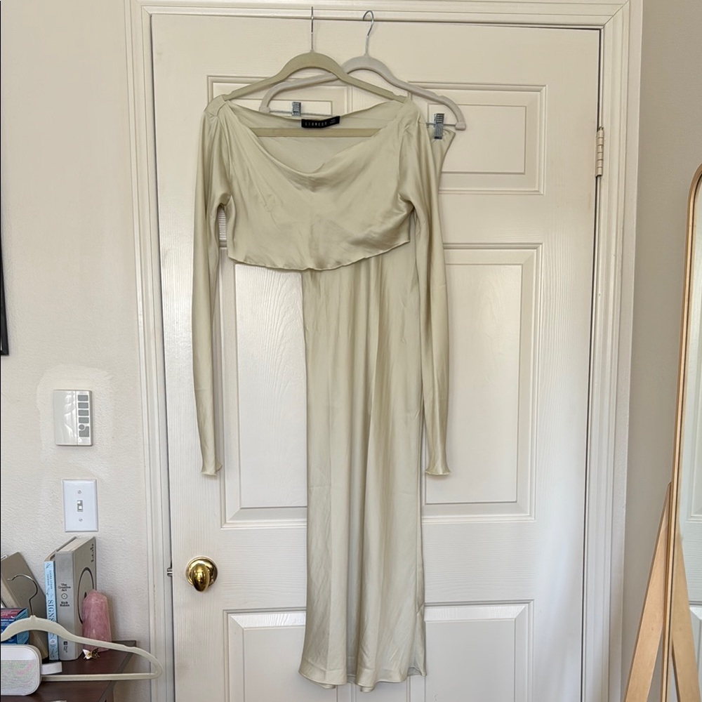 Lioness Satin Low Rise Skirt Long Sleeve Crop Top Set